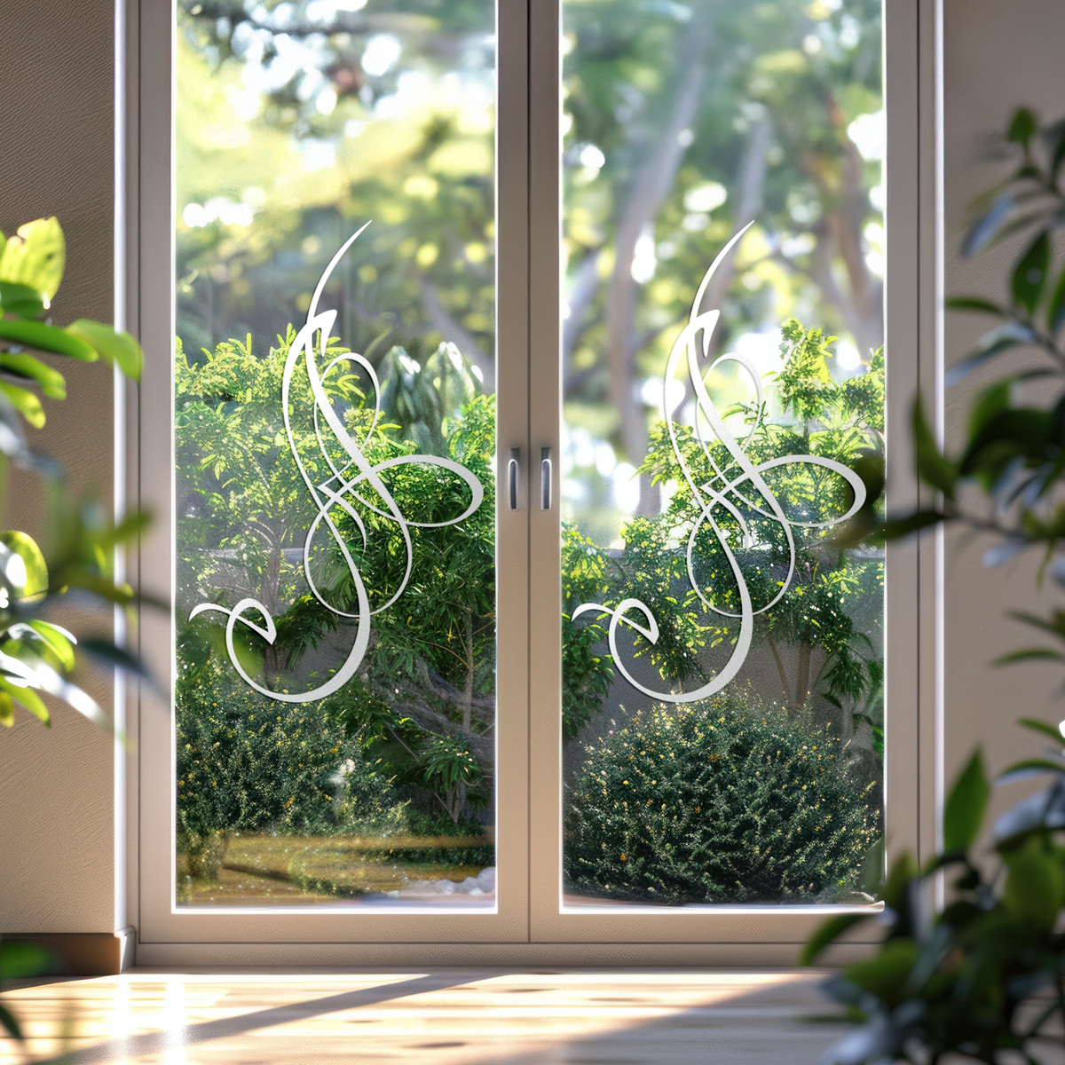 Glas-Schiebetüren mit eleganten, weißen Ornamenten.
