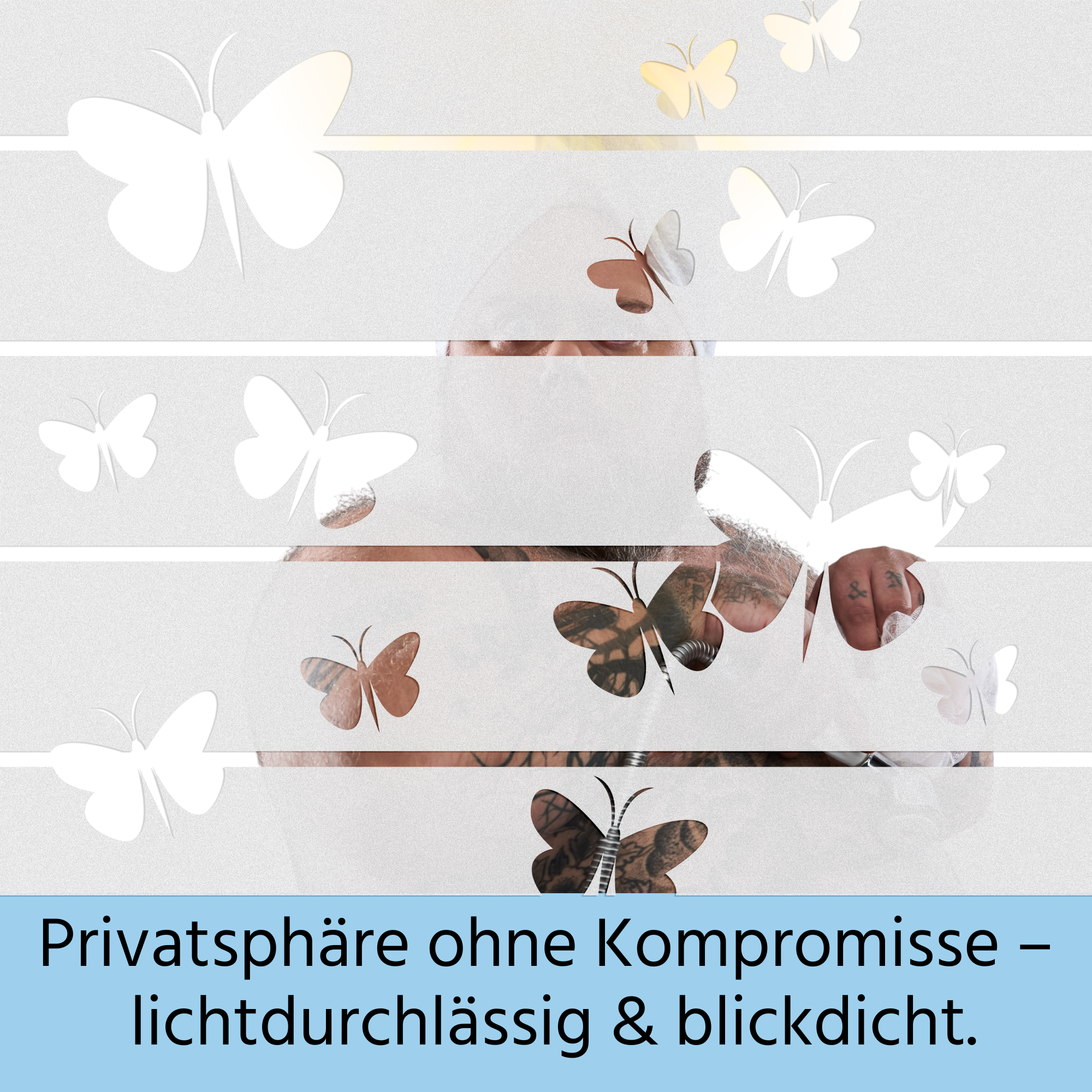 Transparente Jalousien mit weißen Schmetterlingen, lichtdurchlässig und blickdicht.