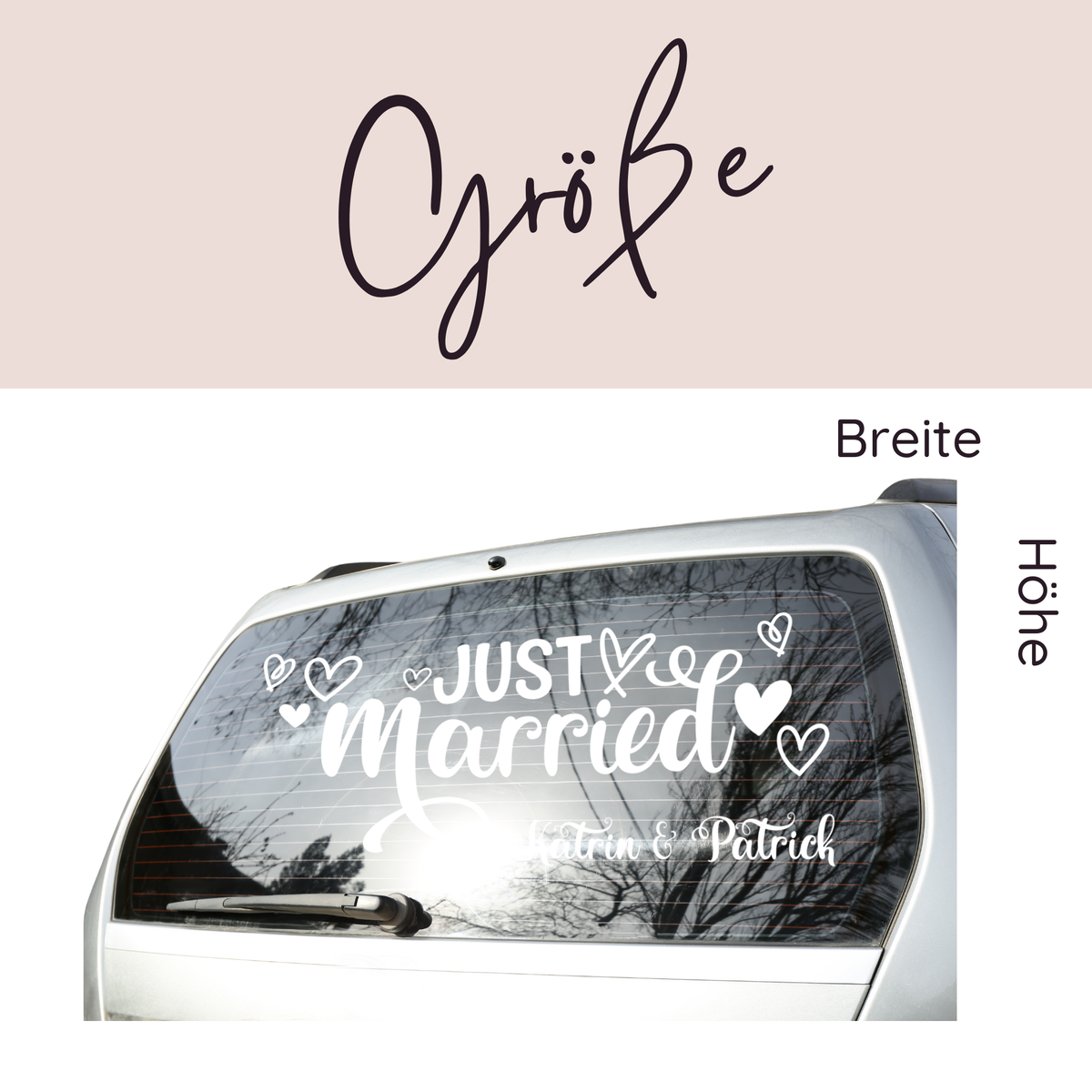 Weißer Aufkleber "Just Married" mit Herzen.