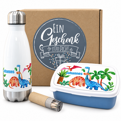 Personalisiertes Geschenkset Dinosaurier-Welt mit Brotdose, Trinkflasche und Geschenkbox