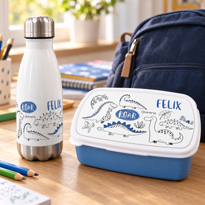 Brotdose und Trinkflasche mit Dinos-Motiv im Alltag