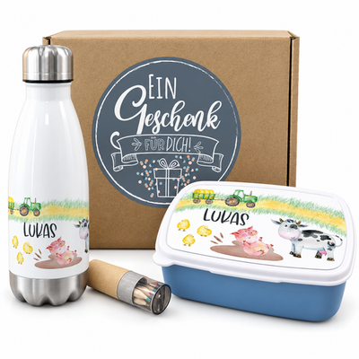 Personalisiertes Geschenkset Bauernhof mit Brotdose, Trinkflasche und Geschenkbox