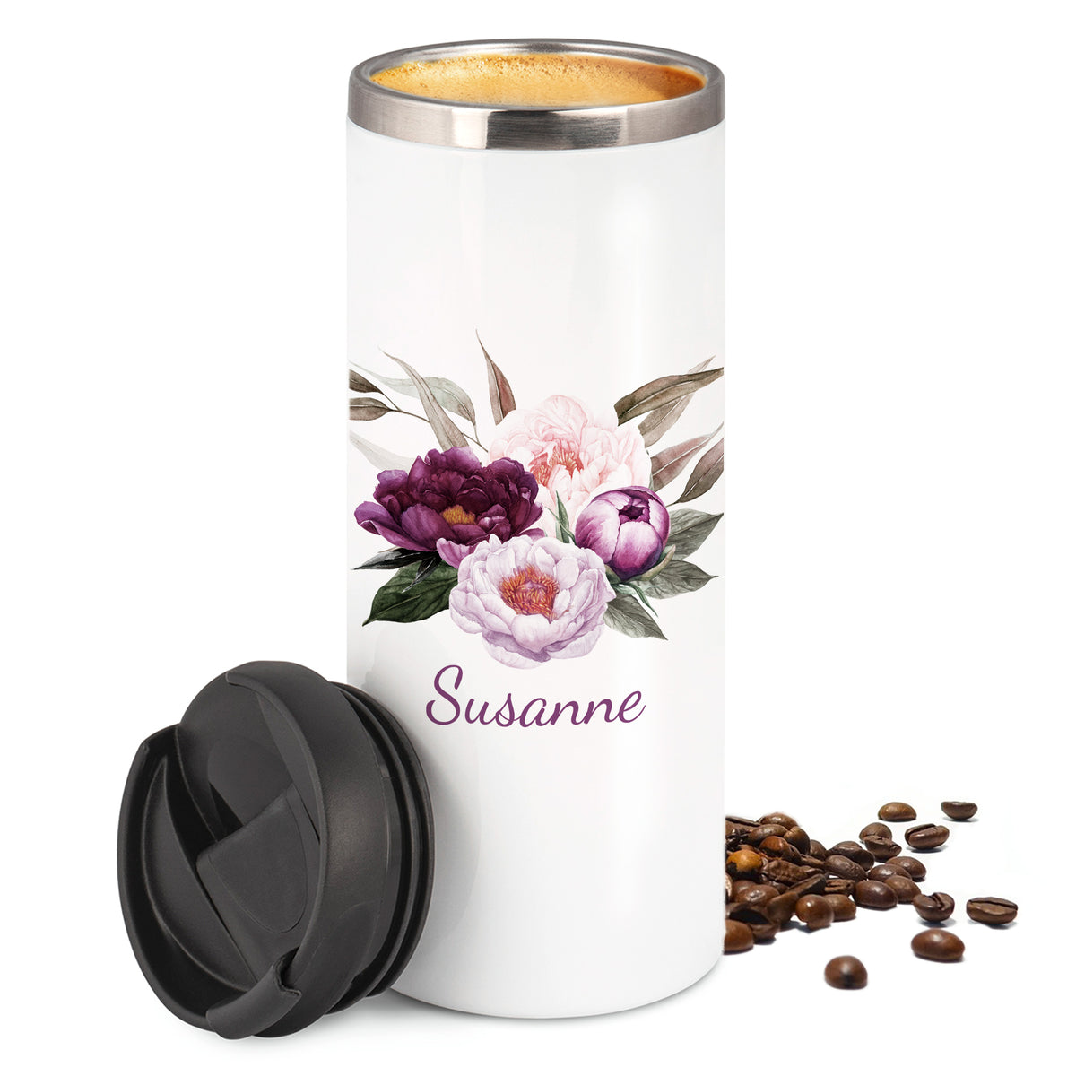 Weißer Thermobecher mit Blumenmotiv und Namen "Susanne".