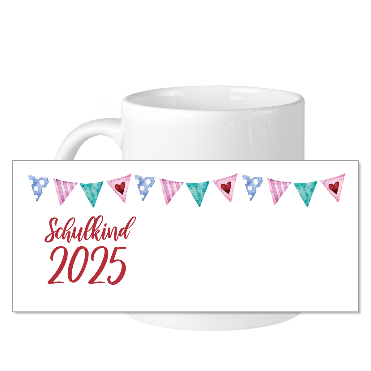 Weißer Becher mit bunten Wimpeln und "Schulkind 2025".