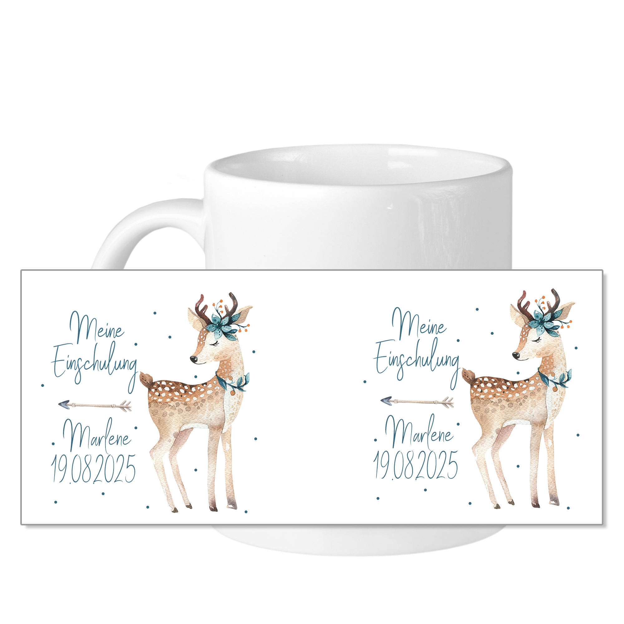 Tasse mit Reh-Design zur Einschulung, personalisiert für Marlene.