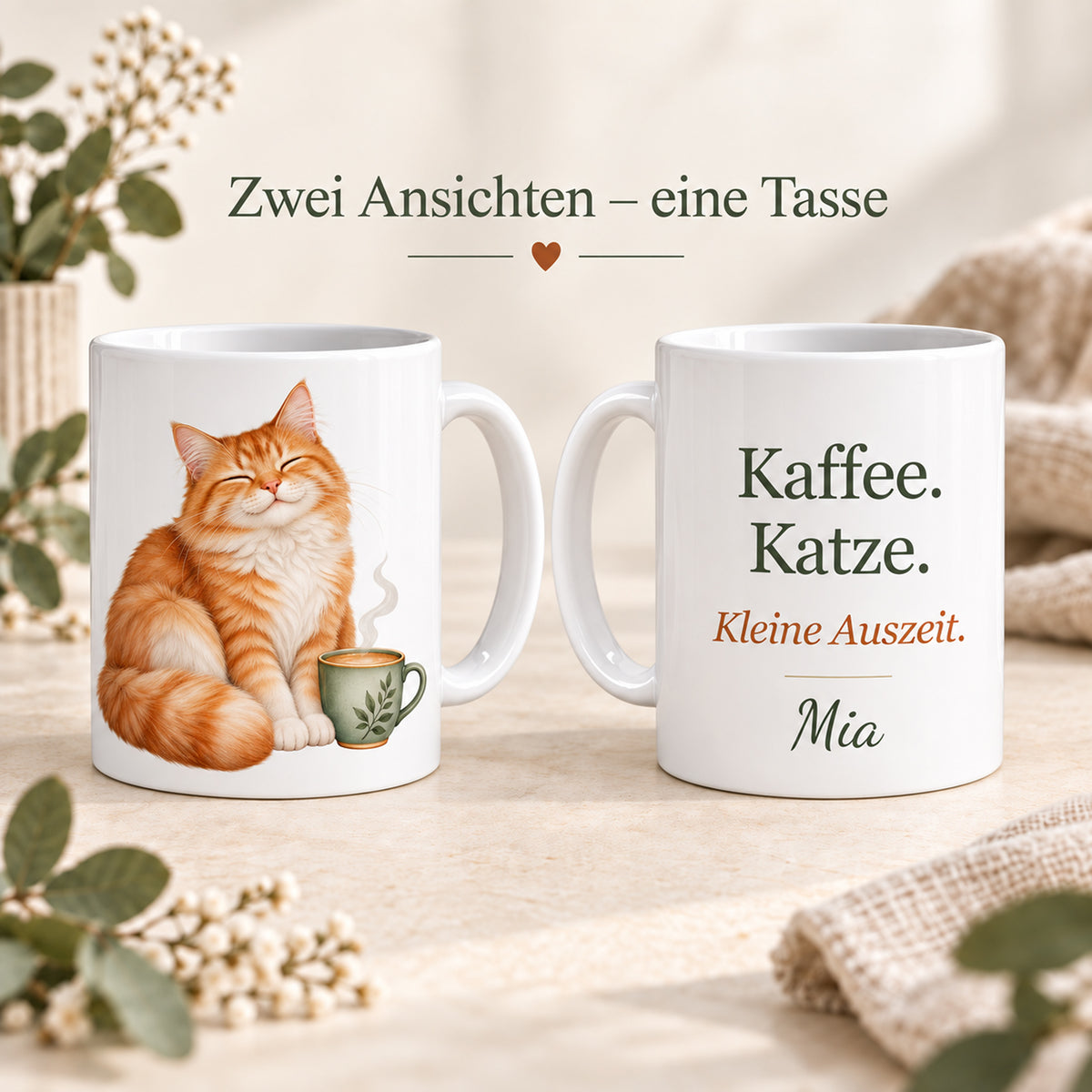 Vorder- und Rückseite derselben Katzentasse – kein Zweierset