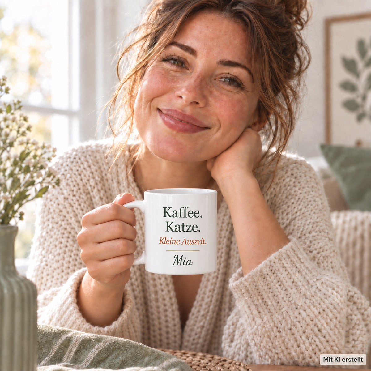 Person mit Katzentasse bei einer Kaffeepause – mit KI erstellt
