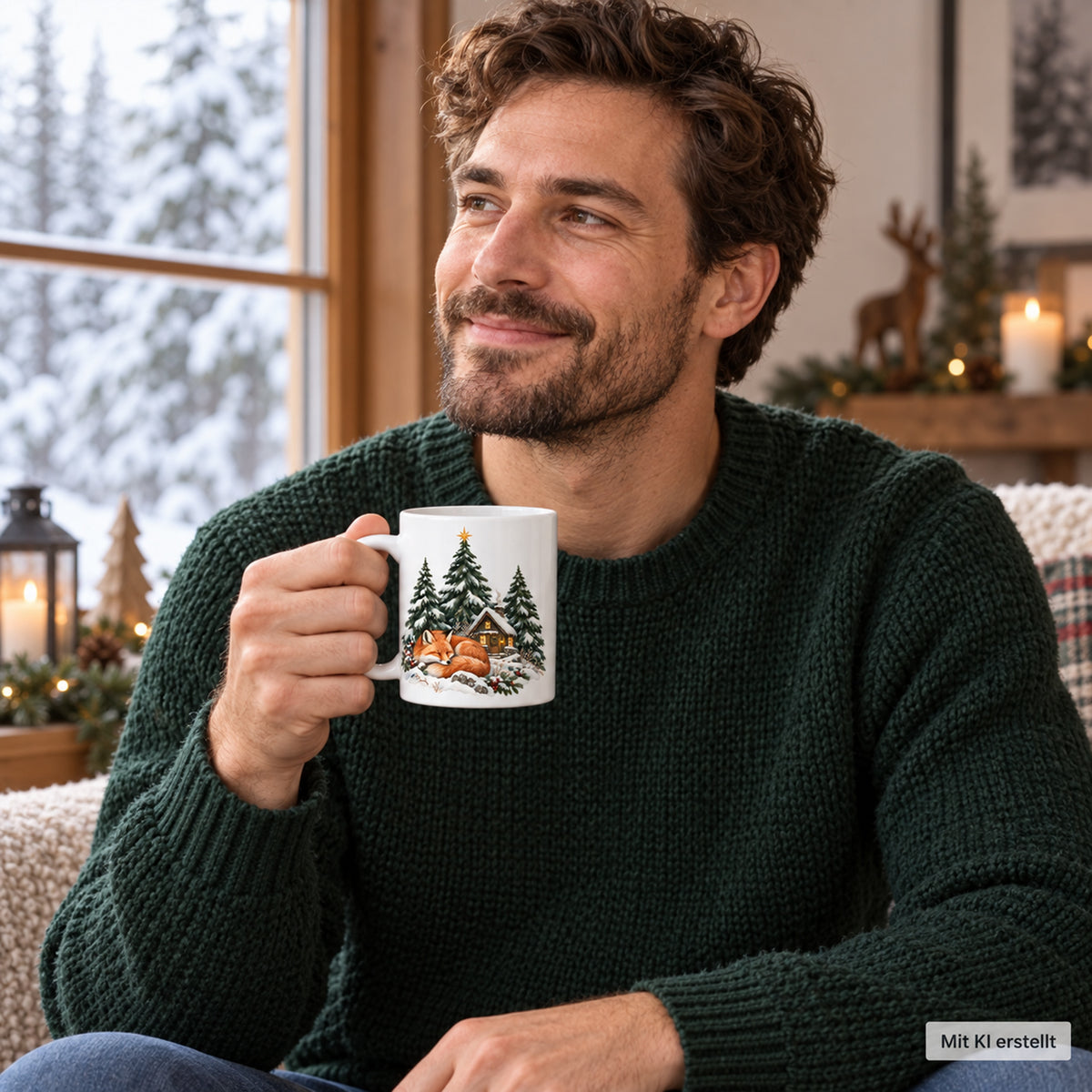 Personalisierte Weihnachtstasse mit Name – Winterwald mit Fuchs – Ansicht 7