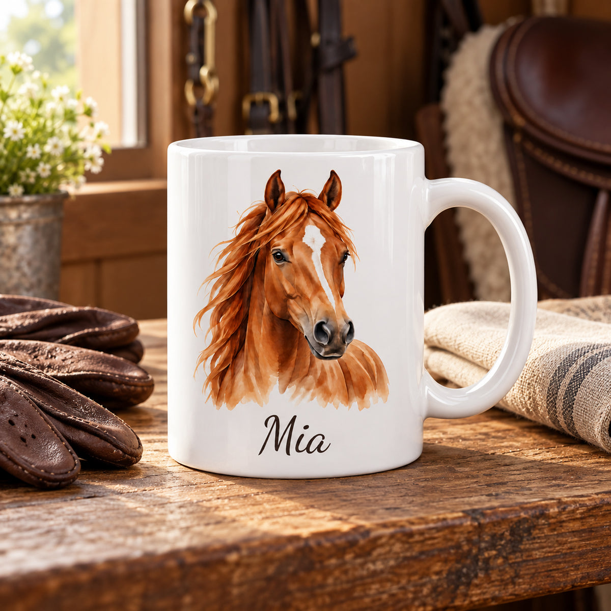 Personalisierte Pferdetasse mit Name – Braunes Pferd – Ansicht 8