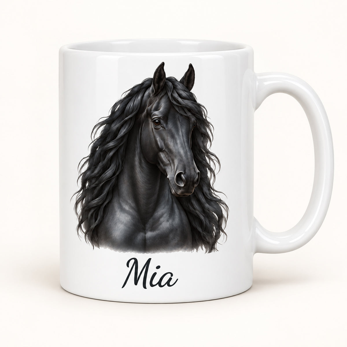 Personalisierte Pferdetasse mit Name – Schwarzer Friese – Ansicht 1