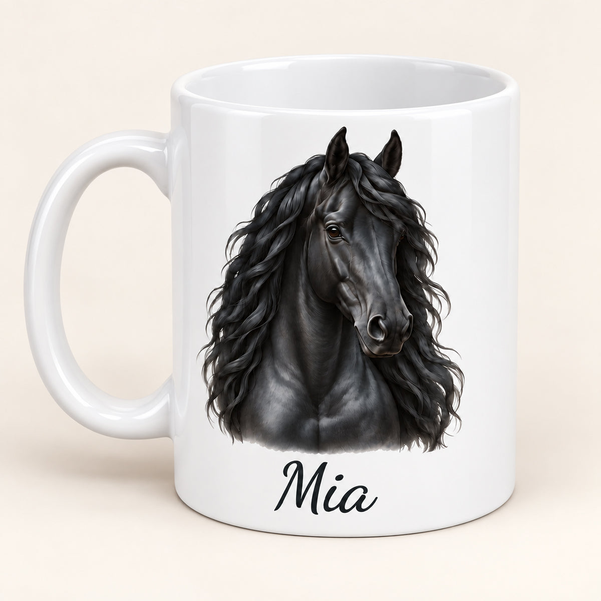 Personalisierte Pferdetasse mit Name – Schwarzer Friese – Ansicht 2