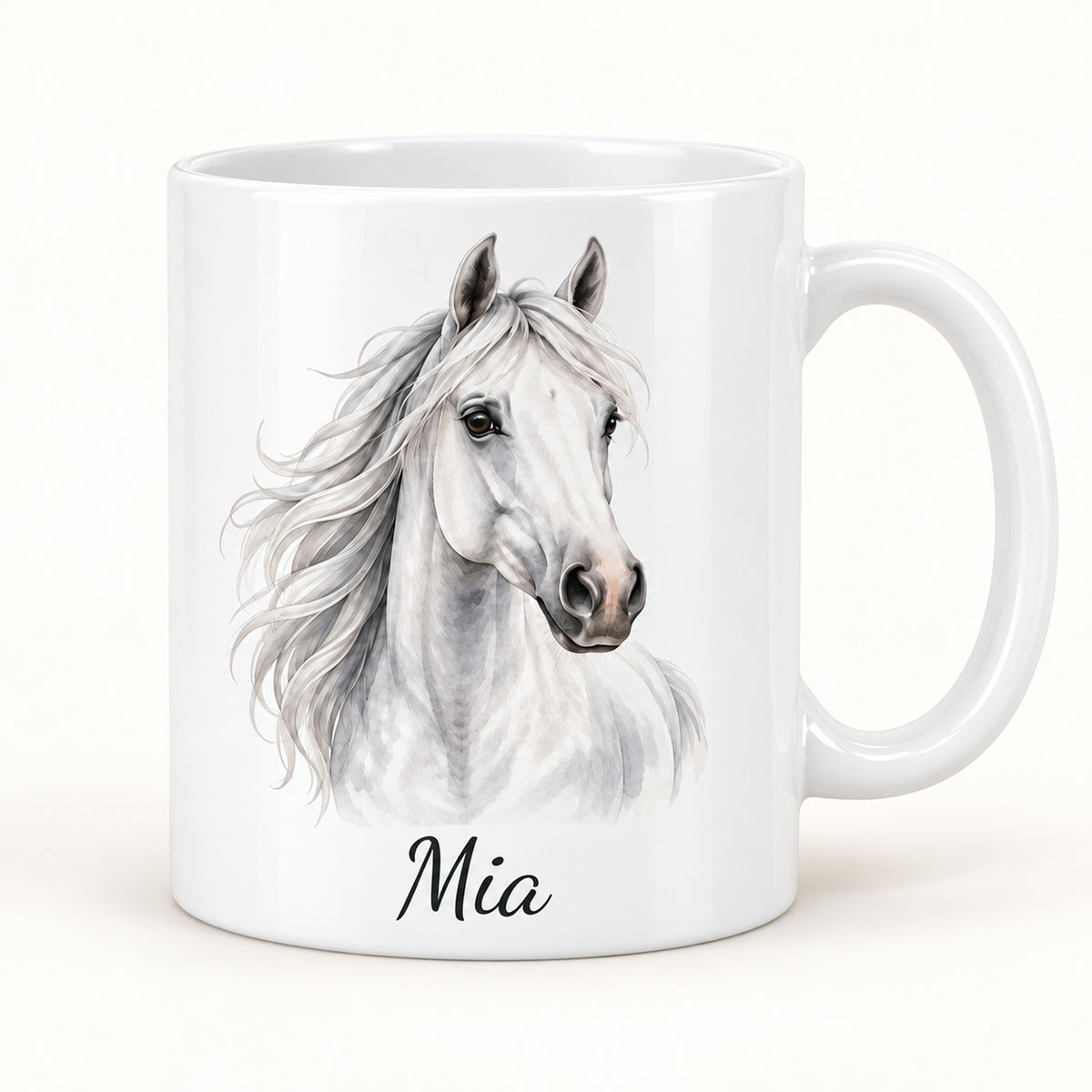 Personalisierte Pferdetasse mit Name – Weißer Schimmel – Ansicht 1
