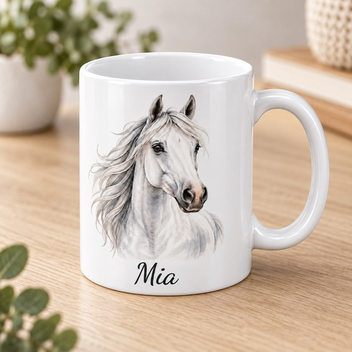 Personalisierte Pferdetasse mit Name – Weißer Schimmel – Ansicht 3