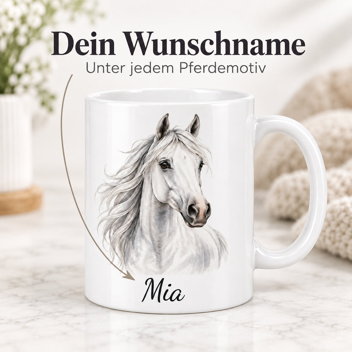 Personalisierte Pferdetasse mit Name – Weißer Schimmel – Ansicht 5
