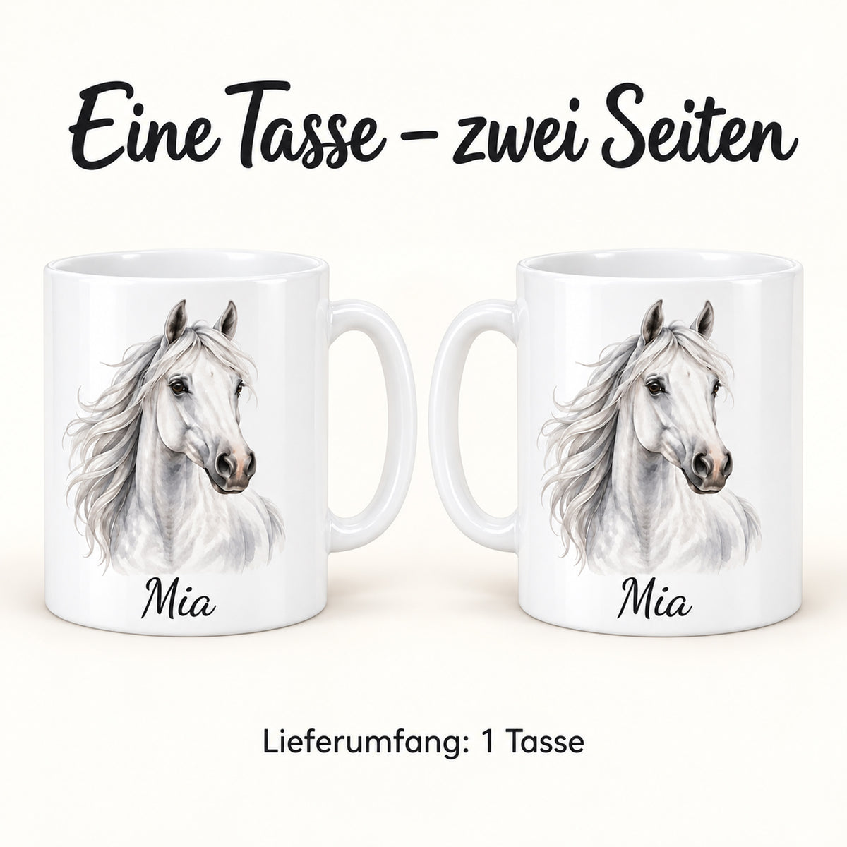 Personalisierte Pferdetasse mit Name – Weißer Schimmel – Ansicht 6
