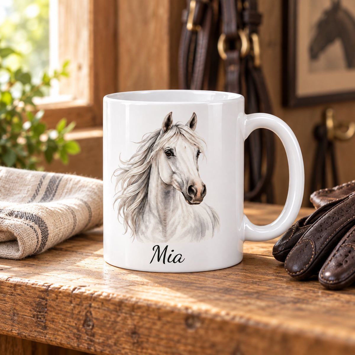 Personalisierte Pferdetasse mit Name – Weißer Schimmel – Ansicht 8