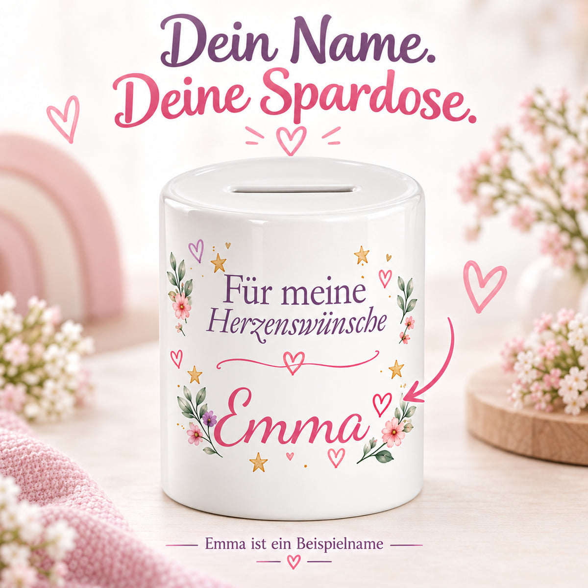 Spardose Einhorn mit Namen – Für meine Herzenswünsche – Personalisierung mit Emma