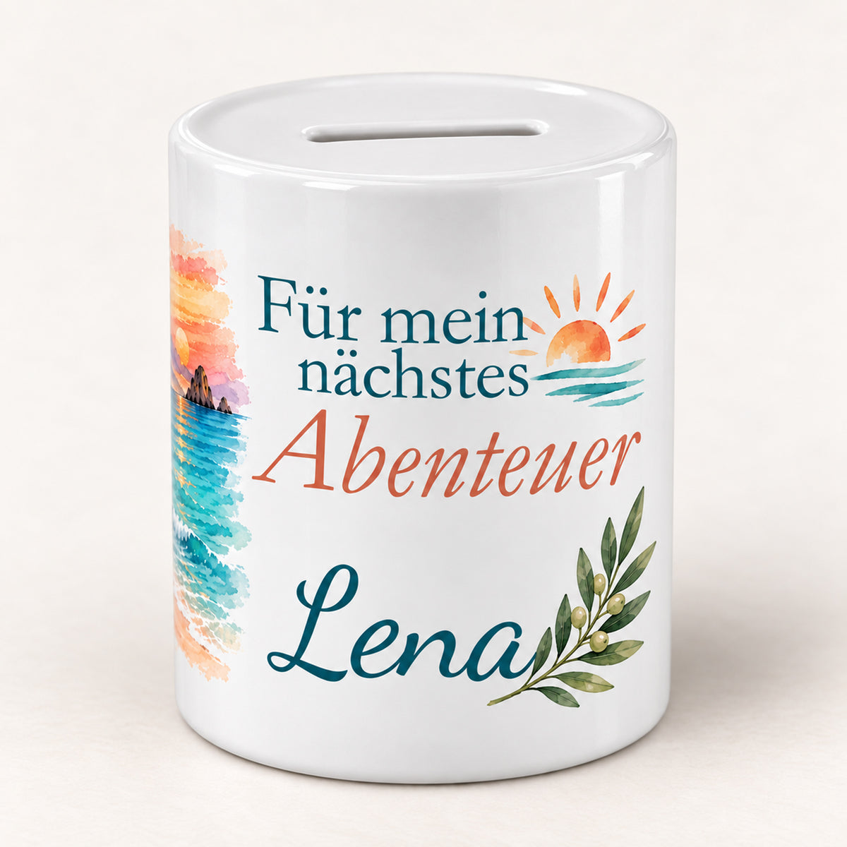 Spardose Urlaub mit Namen – Für mein nächstes Abenteuer – Spruchseite mit Beispielname Lena