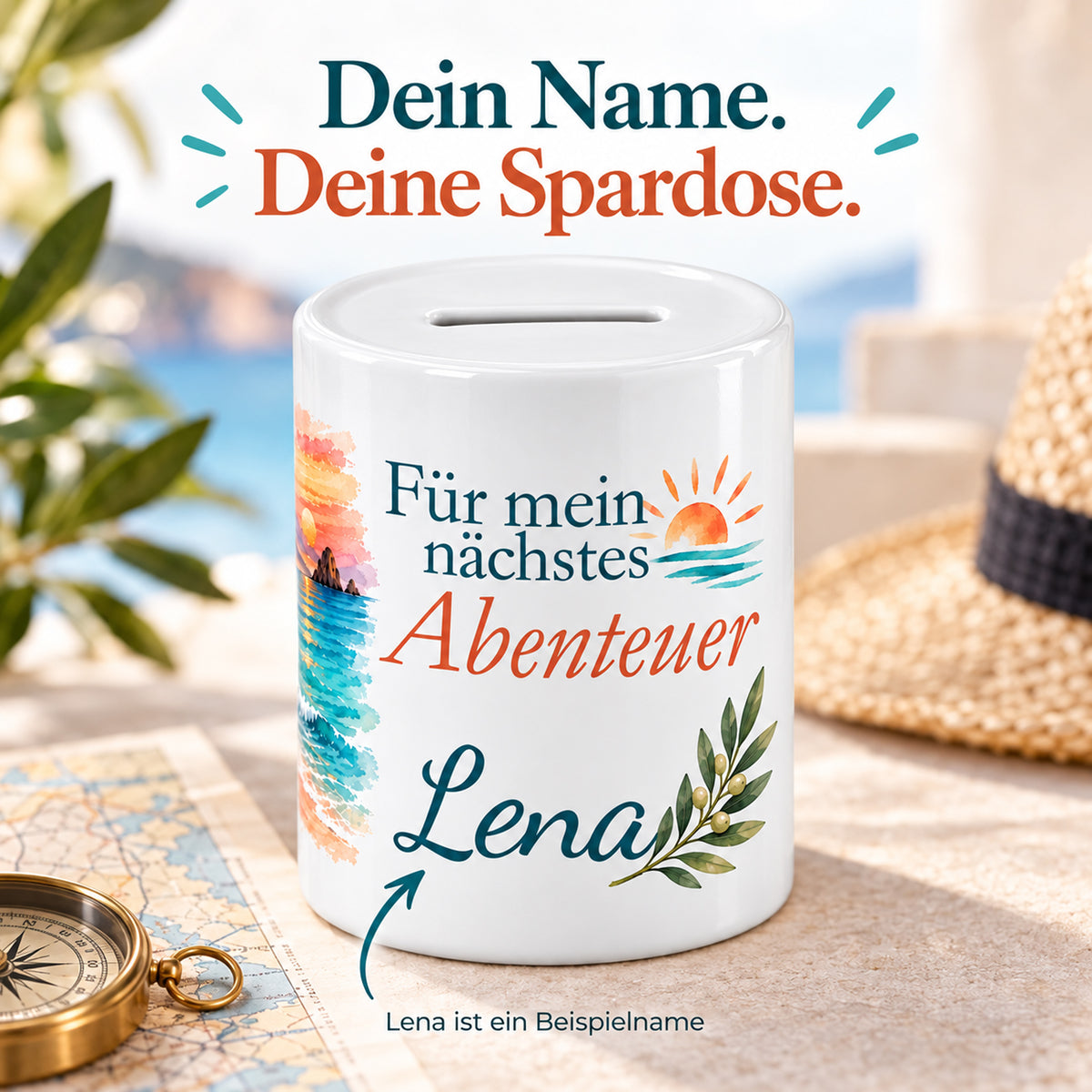 Spardose Urlaub mit Namen – Für mein nächstes Abenteuer – Personalisierung mit Lena