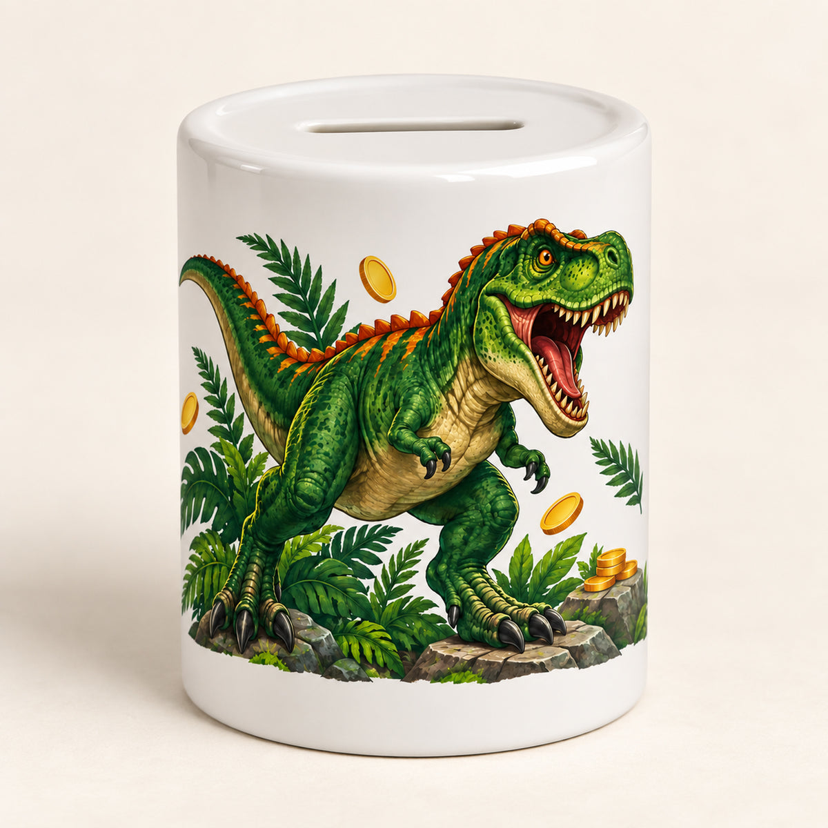 Dino-Spardose mit Namen – T-Rex-Schatz – Motivseite