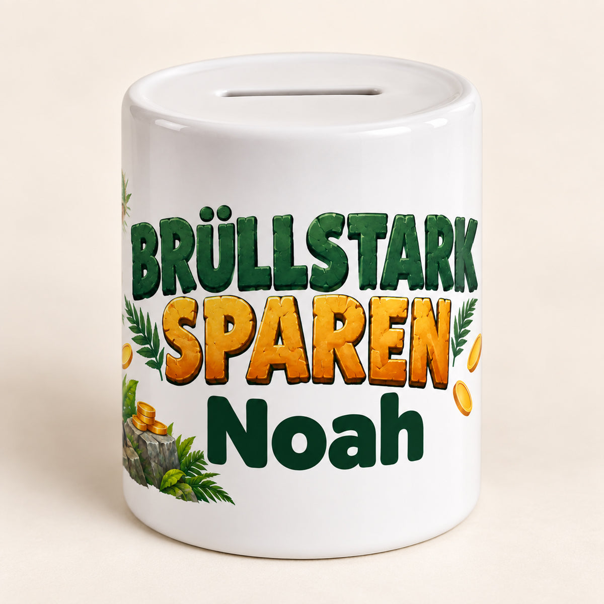 Dino-Spardose mit Namen – T-Rex-Schatz – Spruchseite mit Noah