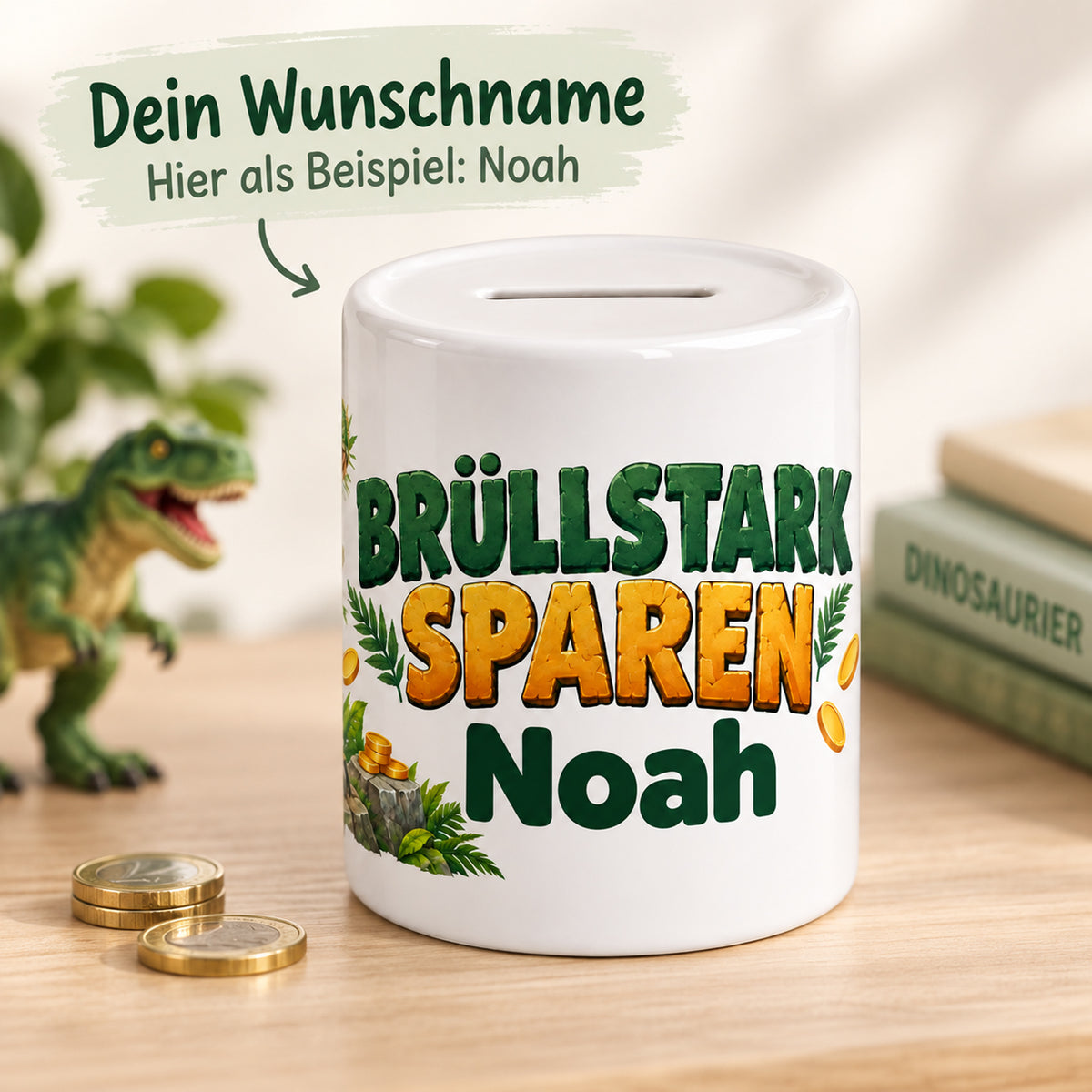 Dino-Spardose mit Namen – T-Rex-Schatz – Wunschname erklärt