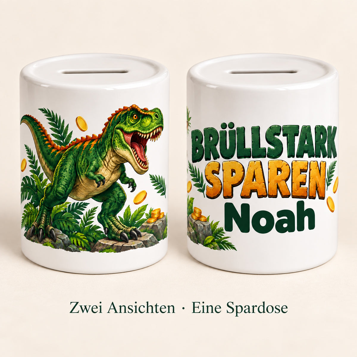 Dino-Spardose mit Namen – T-Rex-Schatz – Zwei Ansichten derselben Spardose