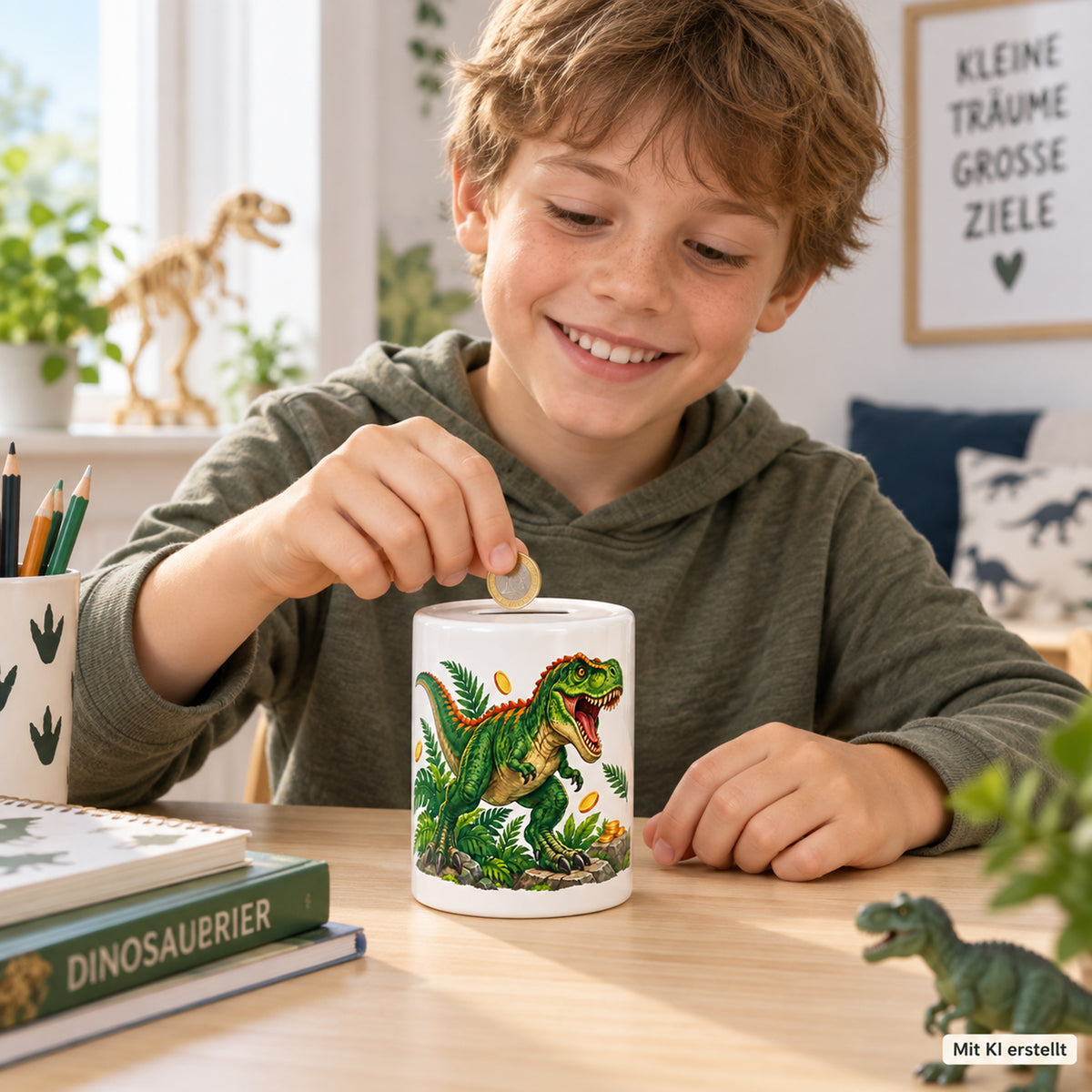 Dino-Spardose mit Namen – T-Rex-Schatz – Beim Sparen · Mit KI erstellt