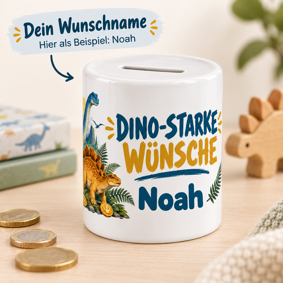 Dino-Spardose mit Namen – Dino-Team – Wunschname erklärt