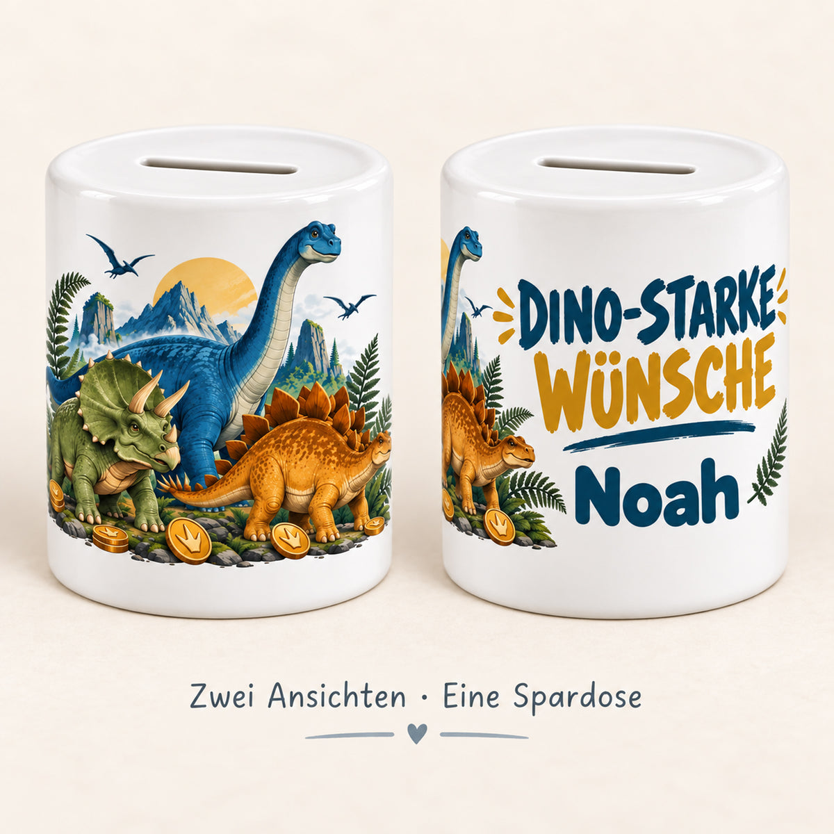 Dino-Spardose mit Namen – Dino-Team – Zwei Ansichten derselben Spardose