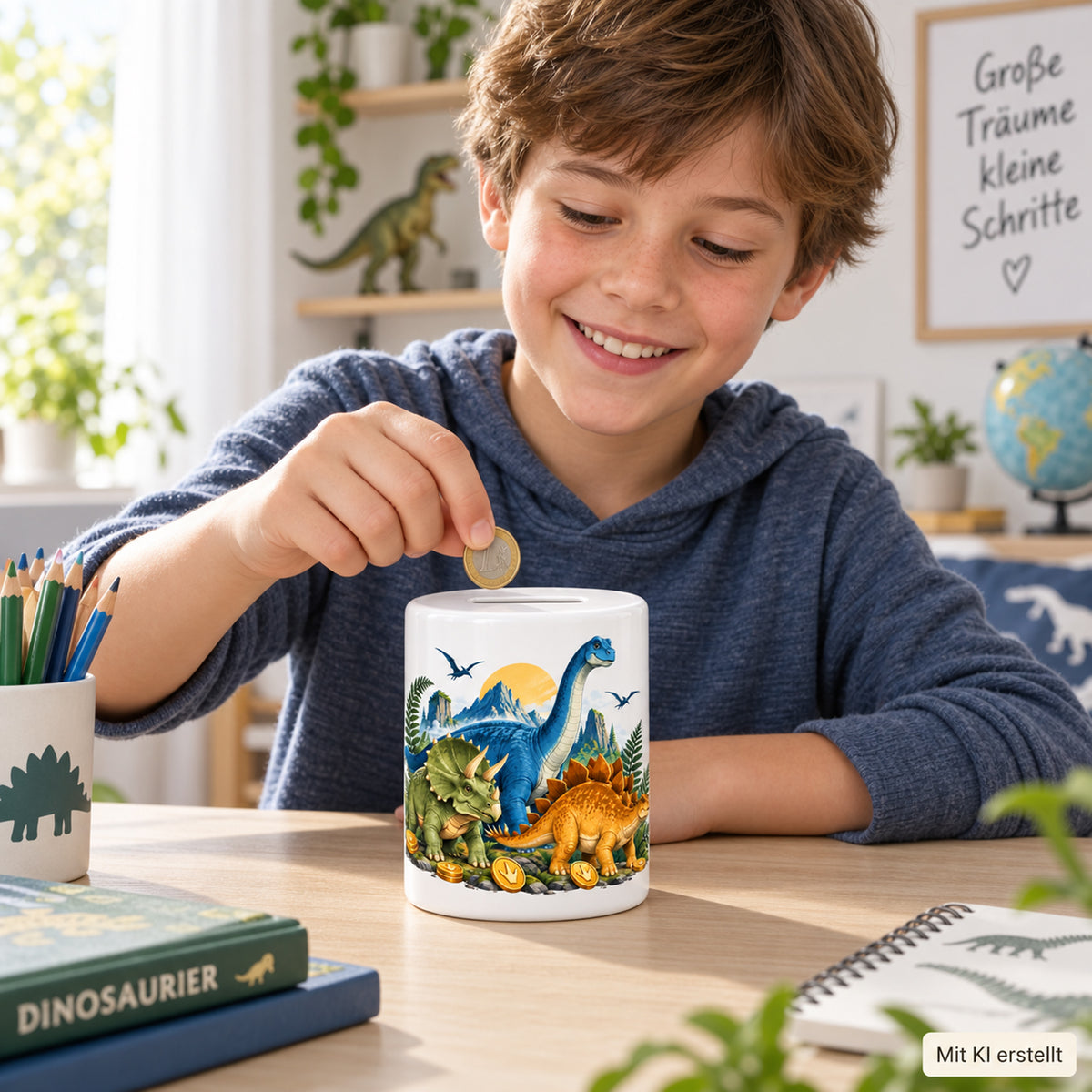 Dino-Spardose mit Namen – Dino-Team – Beim Sparen · Mit KI erstellt