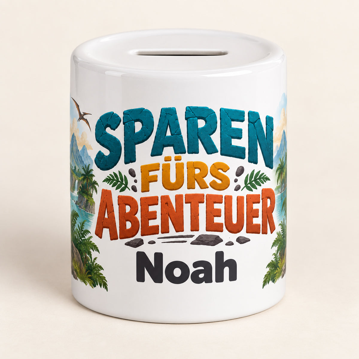 Dino-Spardose mit Namen – Vulkan-Abenteuer – Spruchseite mit Noah