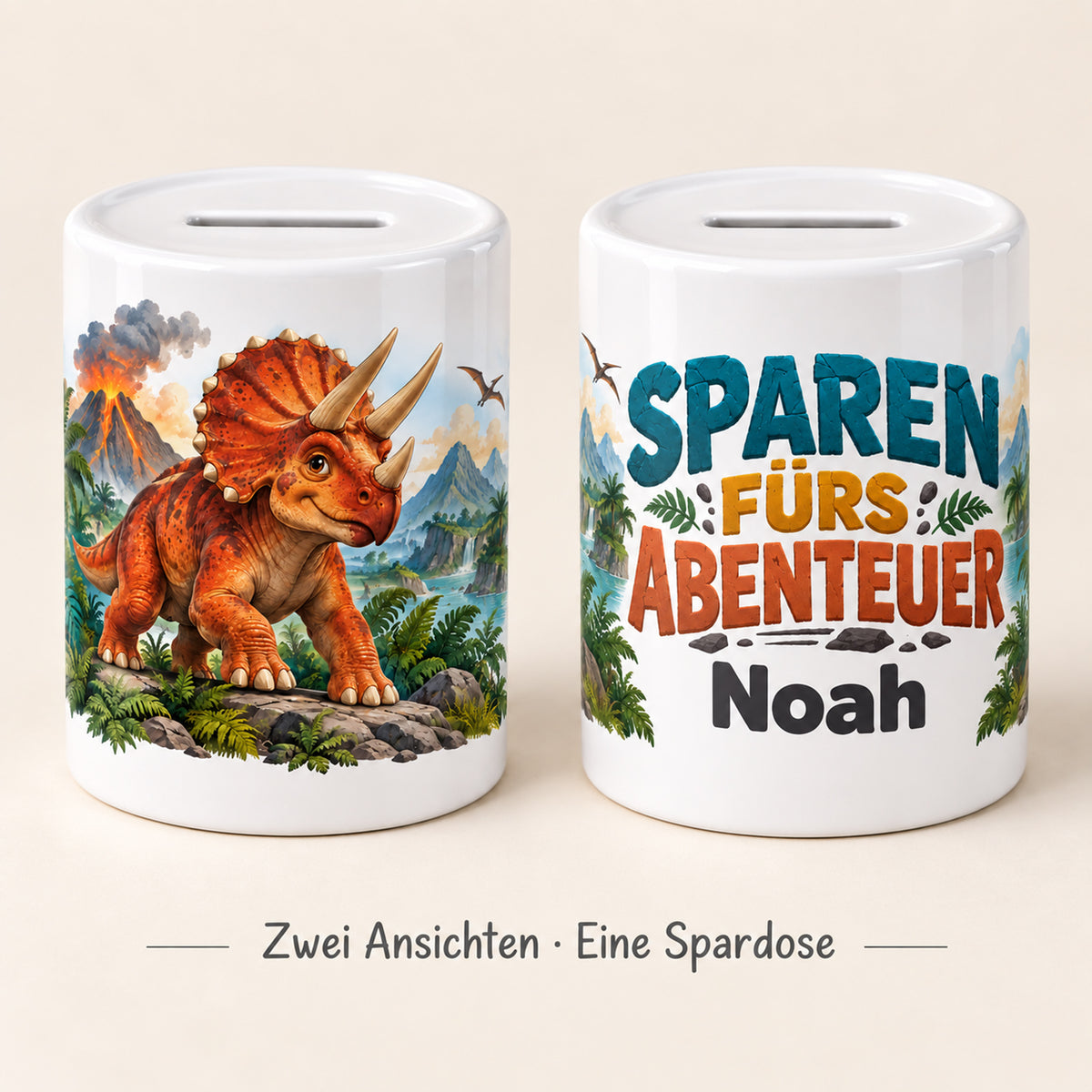 Dino-Spardose mit Namen – Vulkan-Abenteuer – Zwei Ansichten derselben Spardose