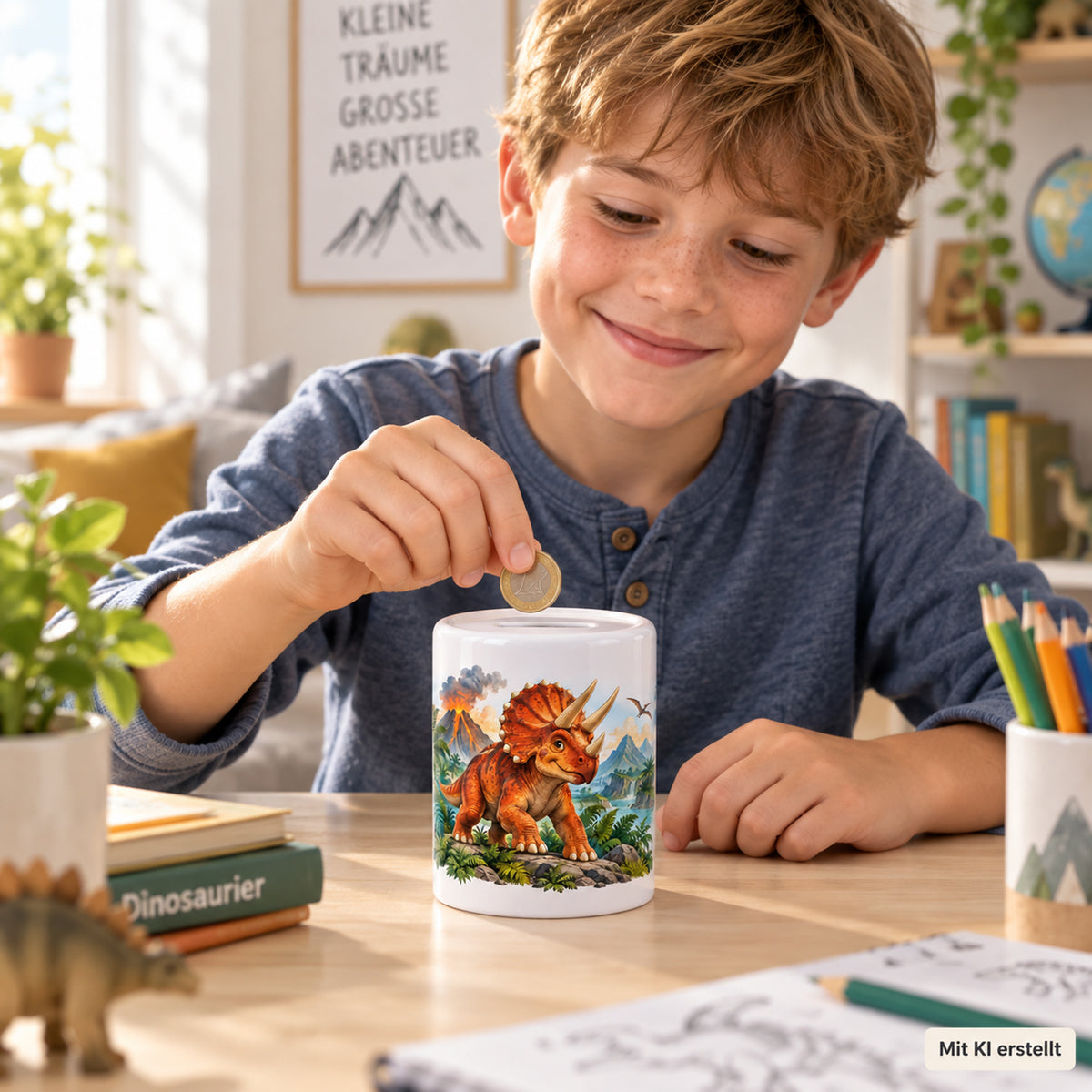 Dino-Spardose mit Namen – Vulkan-Abenteuer – Beim Sparen · Mit KI erstellt