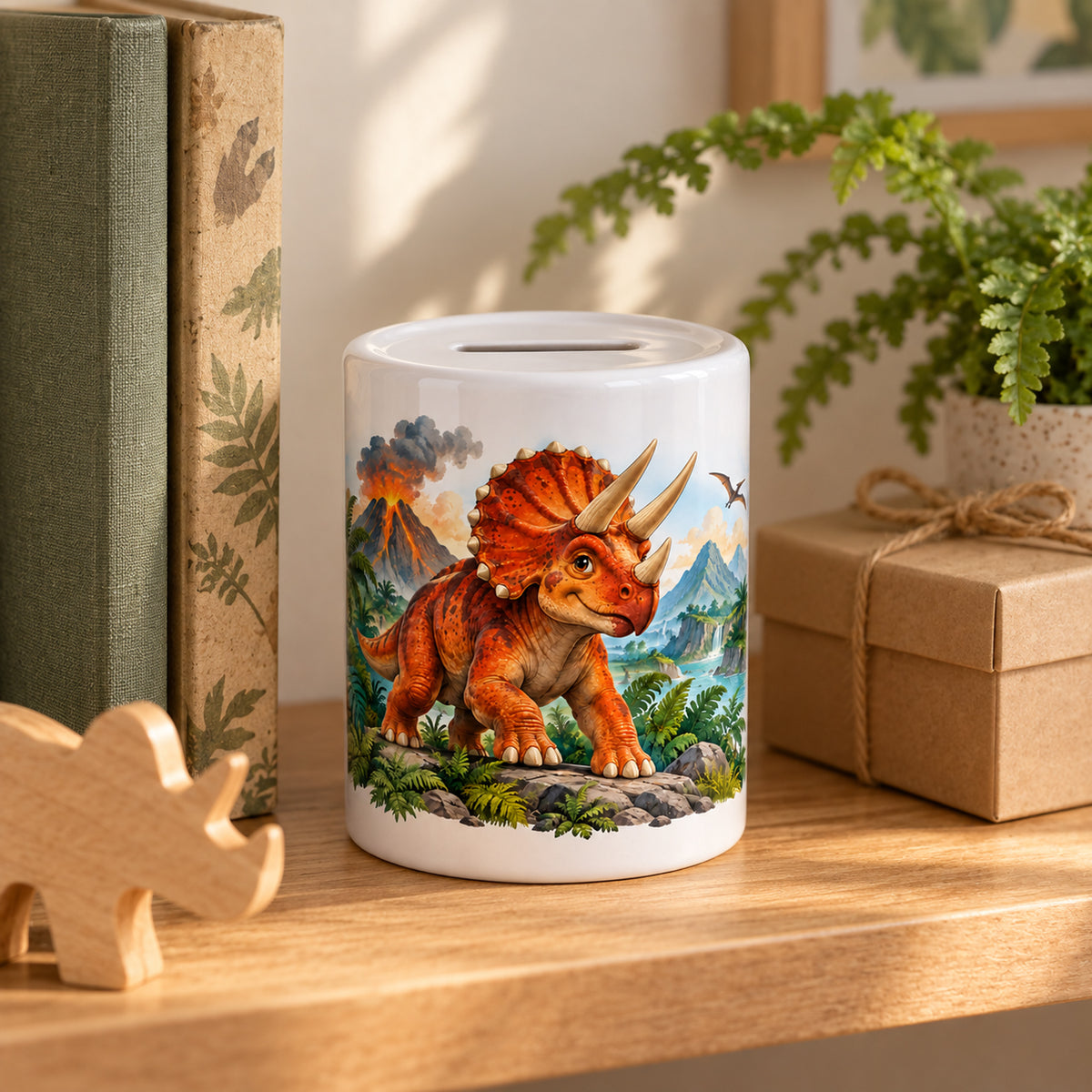 Dino-Spardose mit Namen – Vulkan-Abenteuer – Geschenkidee im Kinderzimmer