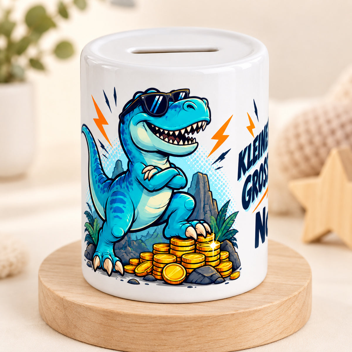 Dino-Spardose mit Namen – Comic-Dino – Schrägansicht