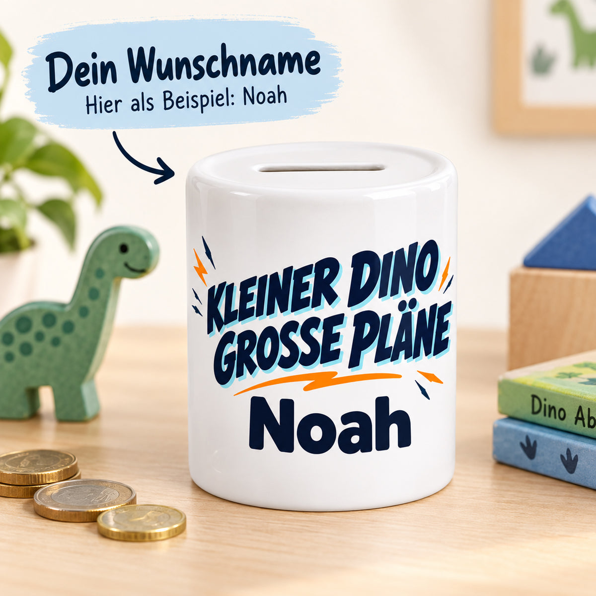 Dino-Spardose mit Namen – Comic-Dino – Wunschname erklärt