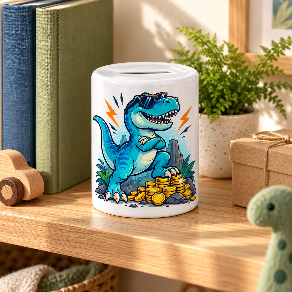 Dino-Spardose mit Namen – Comic-Dino – Geschenkidee im Kinderzimmer