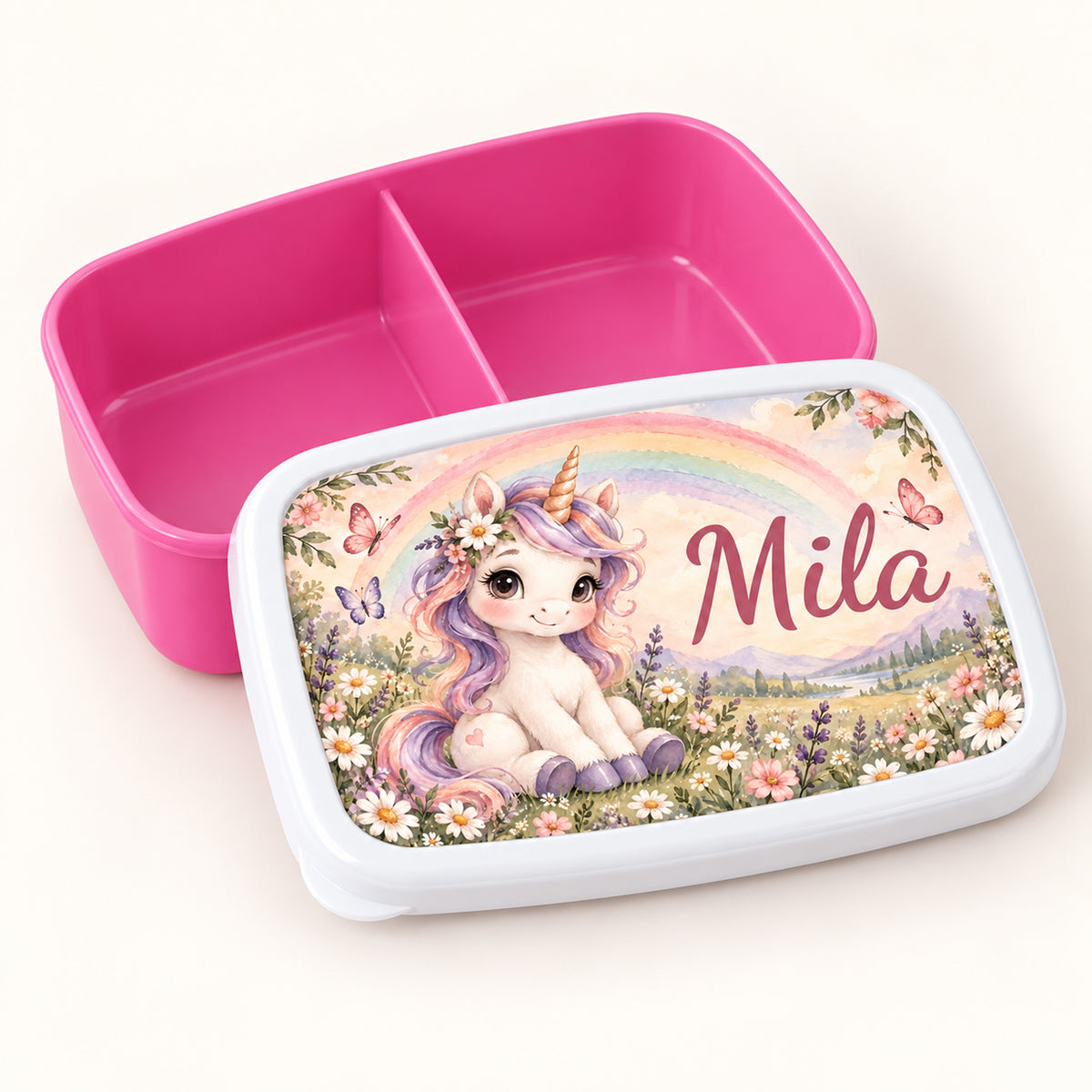 Personalisierte rosa Brotdose Einhorn im Regenbogengarten mit Beispielname Mila: Deckel und Innenaufteilung