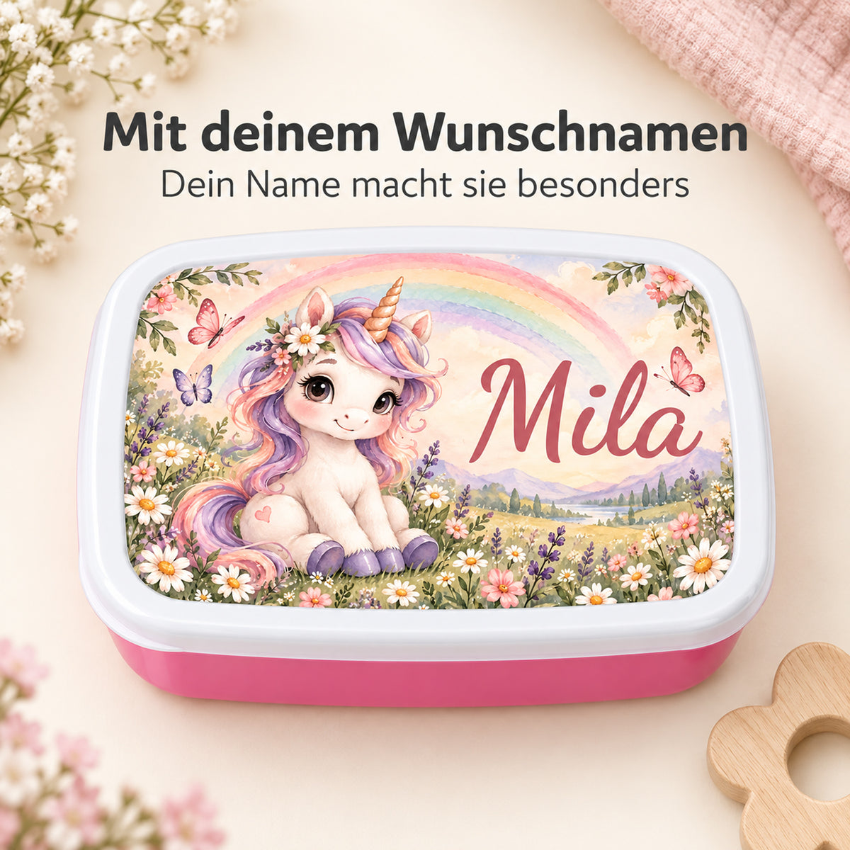 Personalisierte rosa Brotdose Einhorn im Regenbogengarten mit Beispielname Mila: Personalisierung