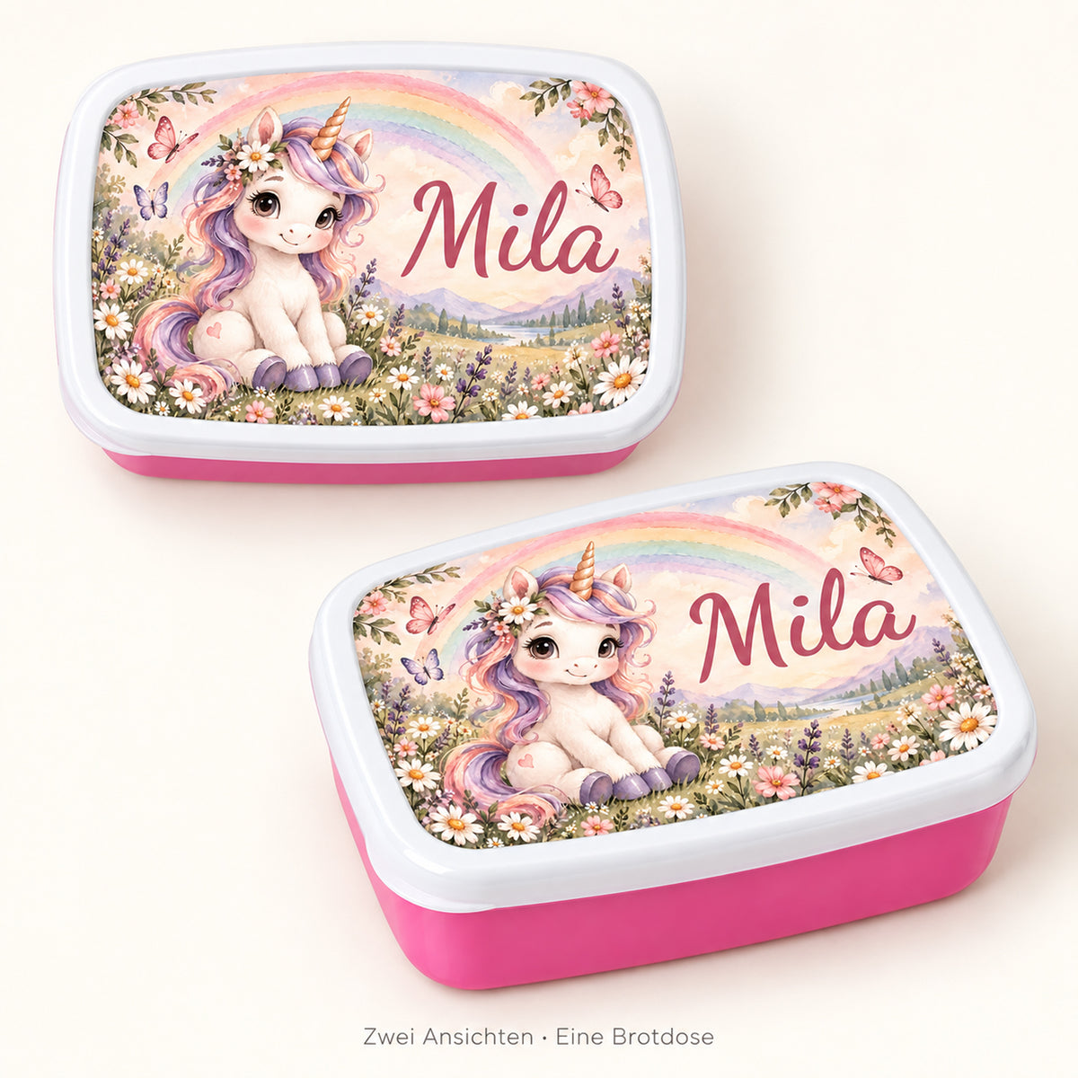 Personalisierte rosa Brotdose Einhorn im Regenbogengarten mit Beispielname Mila: Zwei Ansichten derselben Brotdose