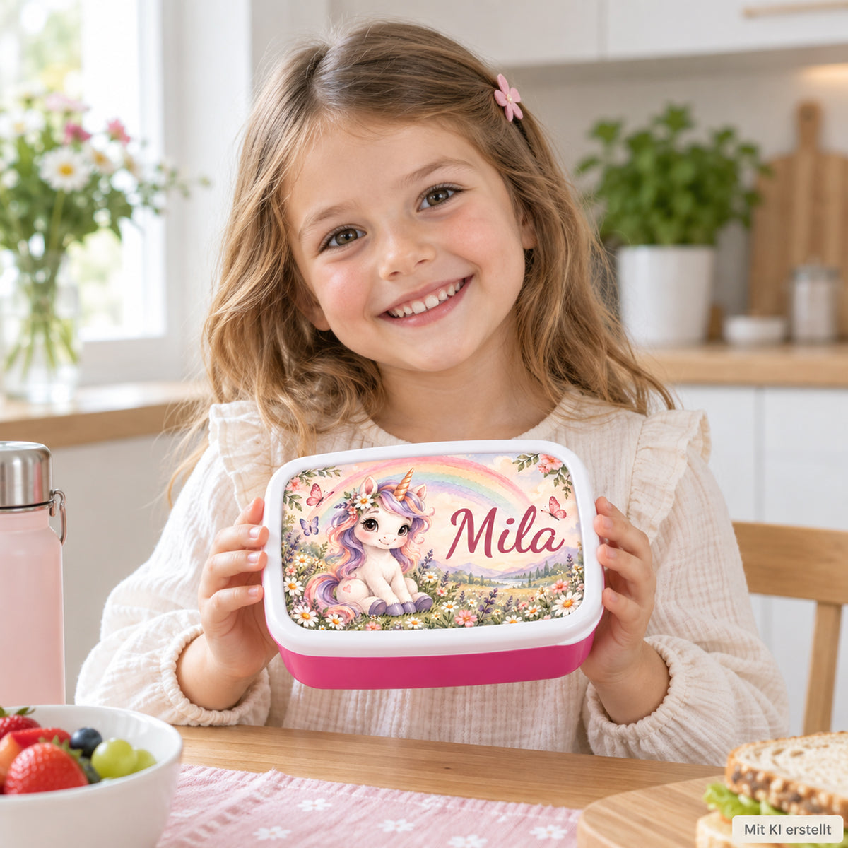 Personalisierte rosa Brotdose Einhorn im Regenbogengarten mit Beispielname Mila: Brotdose im Alltag mit Kind