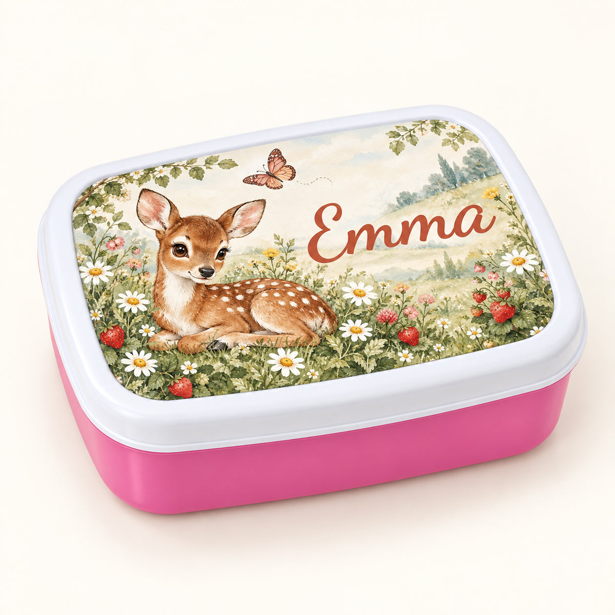 Personalisierte rosa Brotdose Rehkitz auf der Blumenwiese mit Beispielname Emma: Hauptbild