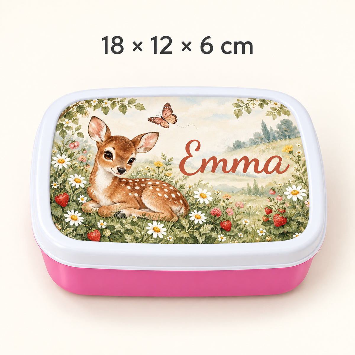 Personalisierte rosa Brotdose Rehkitz auf der Blumenwiese mit Beispielname Emma: Motivdetail und Maße