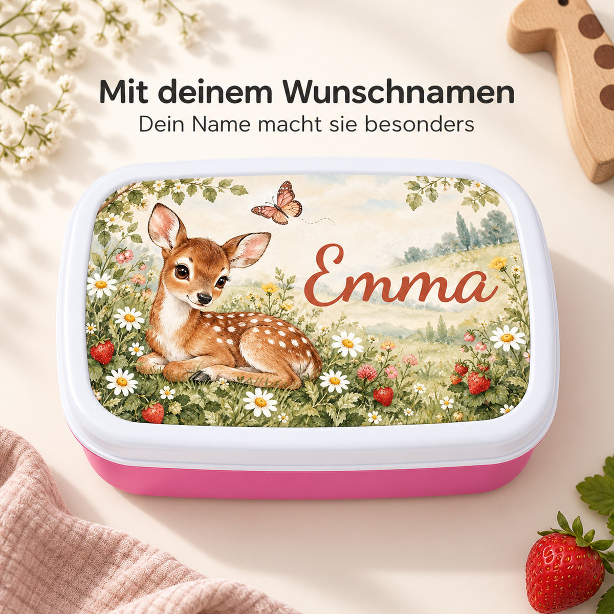 Personalisierte rosa Brotdose Rehkitz auf der Blumenwiese mit Beispielname Emma: Personalisierung
