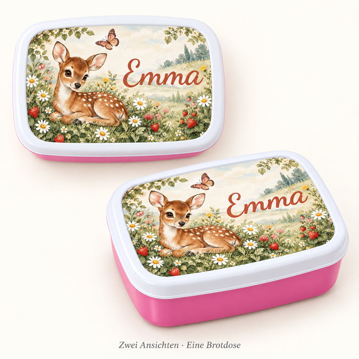 Personalisierte rosa Brotdose Rehkitz auf der Blumenwiese mit Beispielname Emma: Zwei Ansichten derselben Brotdose