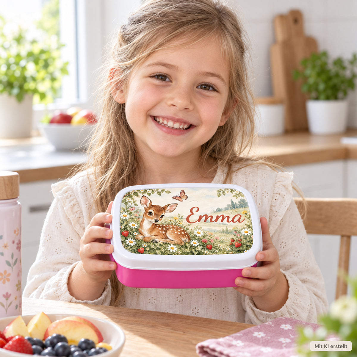 Personalisierte rosa Brotdose Rehkitz auf der Blumenwiese mit Beispielname Emma: Brotdose im Alltag mit Kind