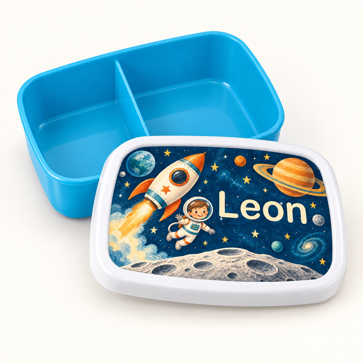 Personalisierte blaue Brotdose Weltraum-Abenteuer mit Beispielname Leon: Deckel und Innenaufteilung