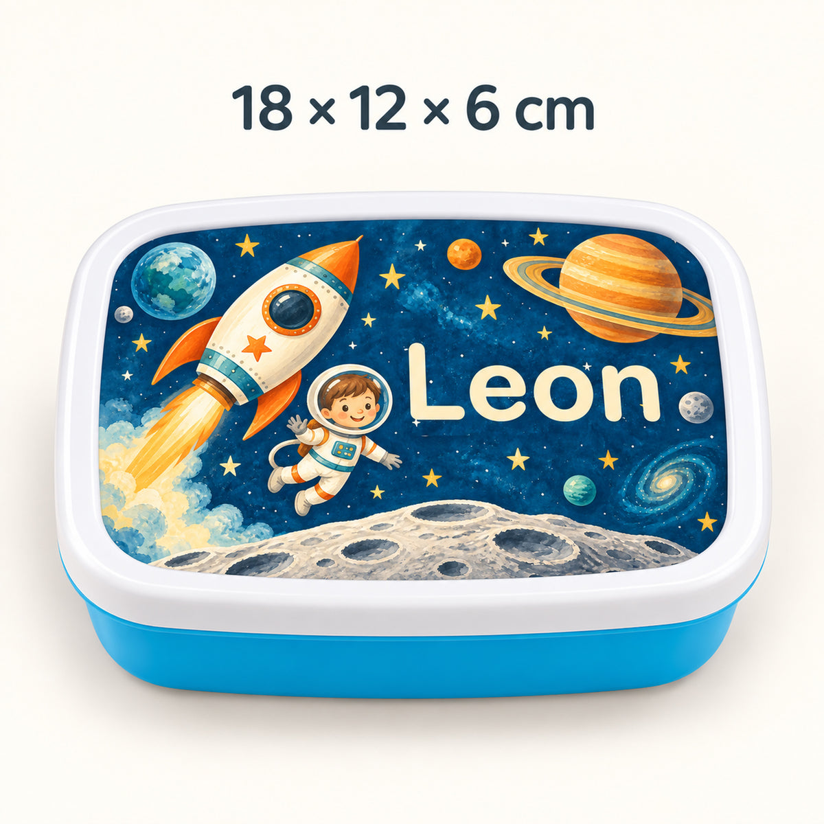 Personalisierte blaue Brotdose Weltraum-Abenteuer mit Beispielname Leon: Motivdetail und Maße