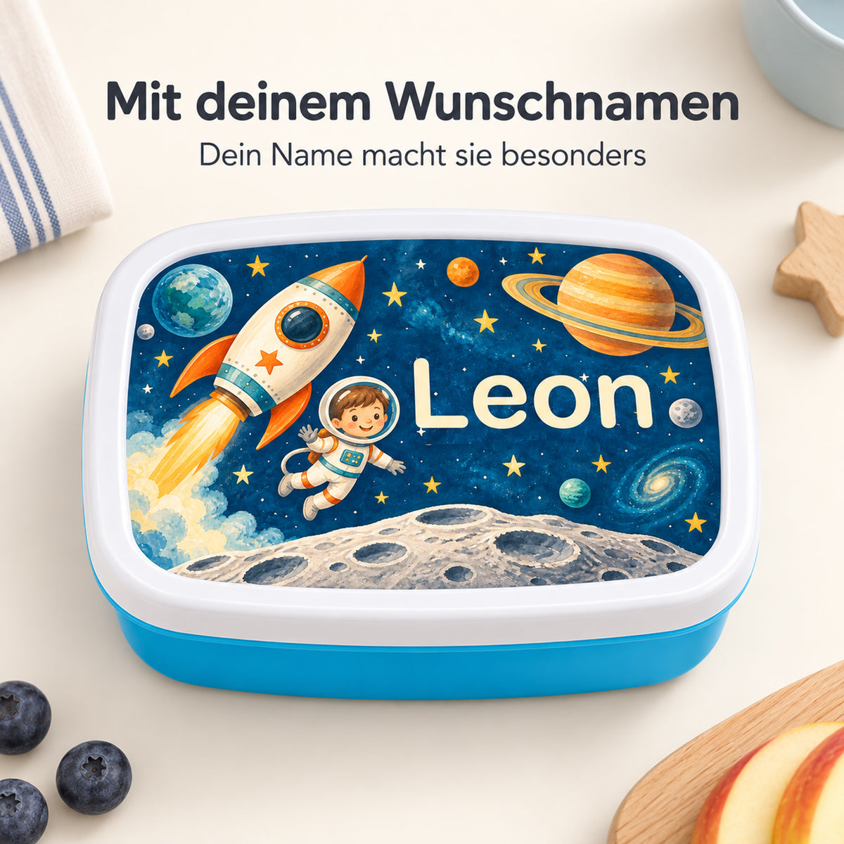 Personalisierte blaue Brotdose Weltraum-Abenteuer mit Beispielname Leon: Personalisierung